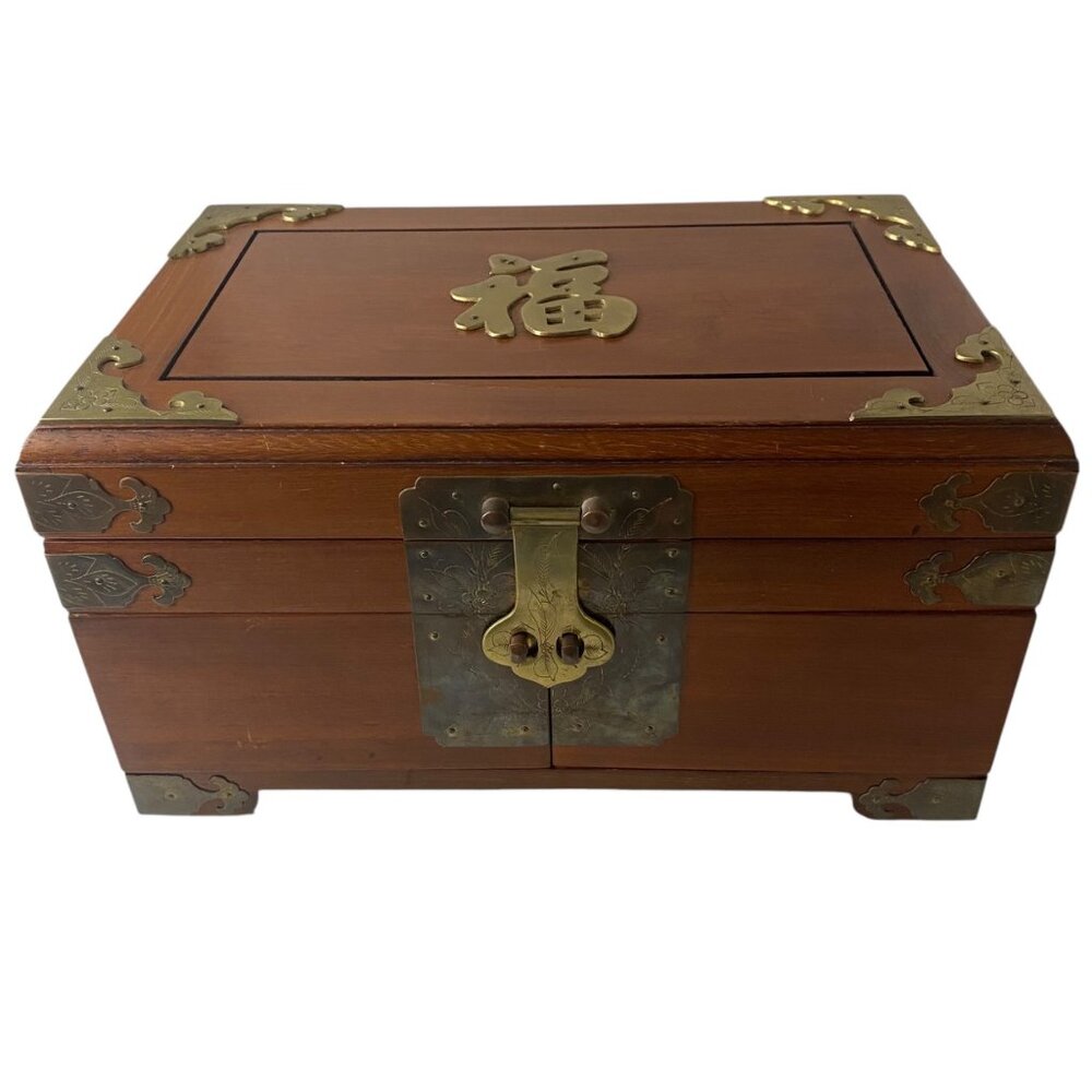 Vintage Chinese Wooden Jewelry‎ Box Chest Brass Hardware Red Velvet Hong Kong